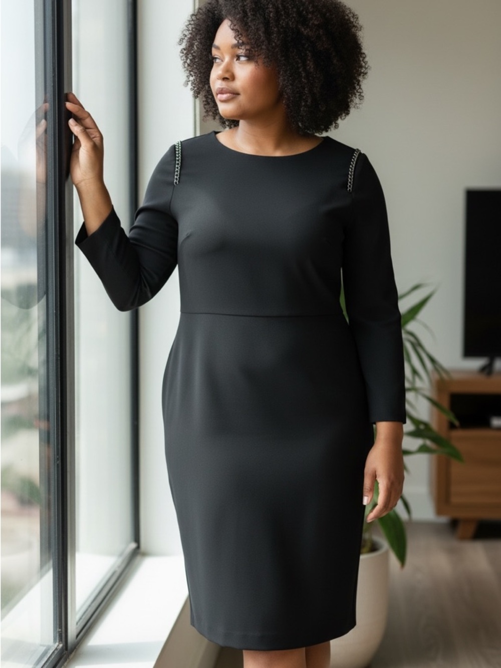 Dkny Black Long-Sleeve Sheath Dress with Shoulder Chain Detail